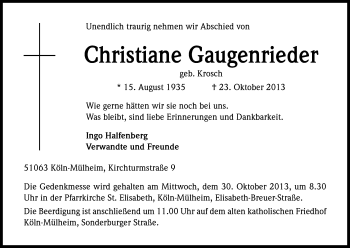 Anzeige von Christiane Gaugenrieder von Kölner Stadt-Anzeiger / Kölnische Rundschau / Express
