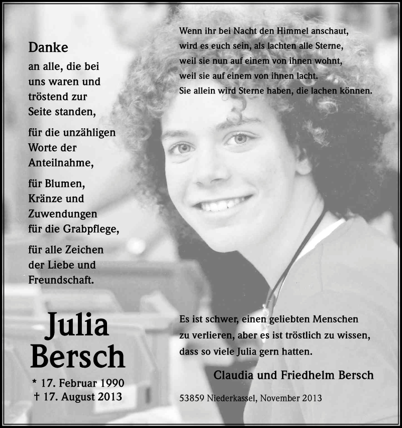  Traueranzeige für Julia Bersch vom 02.11.2013 aus Kölner Stadt-Anzeiger / Kölnische Rundschau / Express