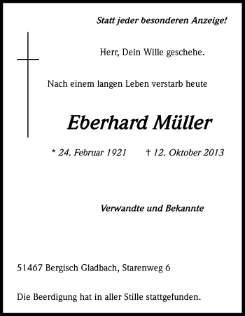 Anzeige von Eberhard Müller von Kölner Stadt-Anzeiger / Kölnische Rundschau / Express