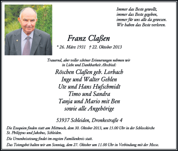 Anzeige von Franz Claßen von Kölner Stadt-Anzeiger / Kölnische Rundschau / Express
