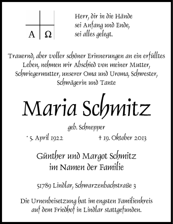 Anzeige von Maria Schmitz von Kölner Stadt-Anzeiger / Kölnische Rundschau / Express