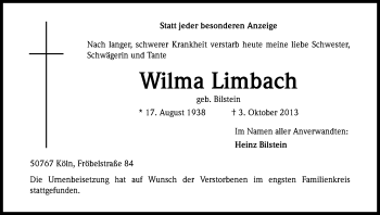 Anzeige von Wilma Limbach von Kölner Stadt-Anzeiger / Kölnische Rundschau / Express