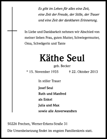 Anzeige von Käthe Seul von Kölner Stadt-Anzeiger / Kölnische Rundschau / Express