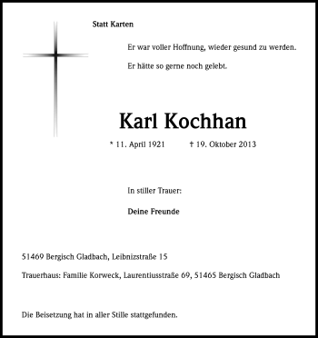 Anzeige von Karl Kochhan von Kölner Stadt-Anzeiger / Kölnische Rundschau / Express