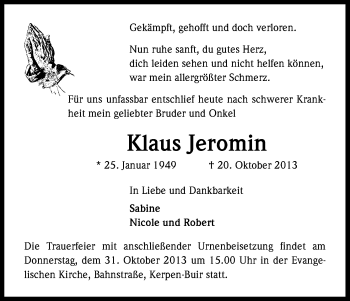 Anzeige von Klaus Jeromin von Kölner Stadt-Anzeiger / Kölnische Rundschau / Express