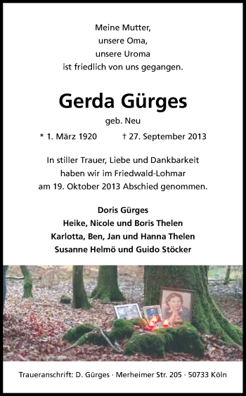 Anzeige von Gerda Gürges von Kölner Stadt-Anzeiger / Kölnische Rundschau / Express