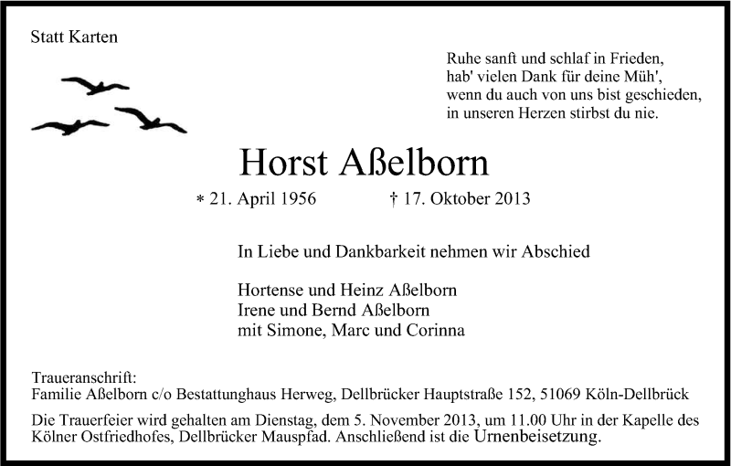  Traueranzeige für Horst Aßelborn vom 26.10.2013 aus Kölner Stadt-Anzeiger / Kölnische Rundschau / Express