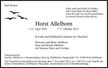 Anzeige von Horst Aßelborn von Kölner Stadt-Anzeiger / Kölnische Rundschau / Express