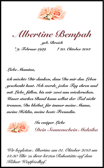 Anzeige von Albertine Bempah von Kölner Stadt-Anzeiger / Kölnische Rundschau / Express