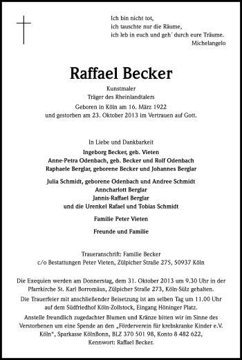 Anzeige von Raffael Becker von Kölner Stadt-Anzeiger / Kölnische Rundschau / Express
