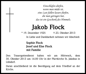 Anzeige von Jakob Flock von Kölner Stadt-Anzeiger / Kölnische Rundschau / Express