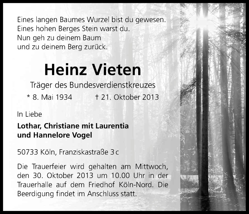  Traueranzeige für Heinz Vieten vom 26.10.2013 aus Kölner Stadt-Anzeiger / Kölnische Rundschau / Express