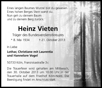 Anzeige von Heinz Vieten von Kölner Stadt-Anzeiger / Kölnische Rundschau / Express
