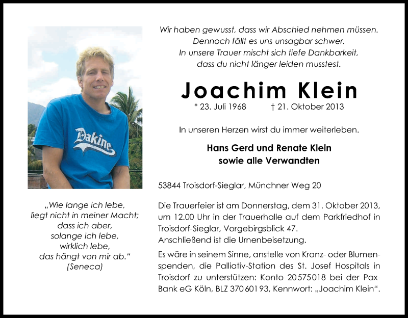  Traueranzeige für Joachim Klein vom 26.10.2013 aus Kölner Stadt-Anzeiger / Kölnische Rundschau / Express
