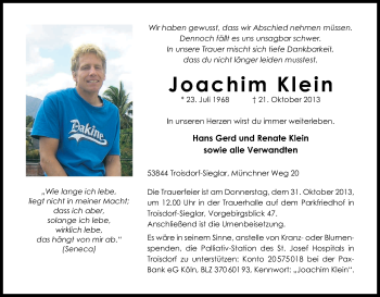 Anzeige von Joachim Klein von Kölner Stadt-Anzeiger / Kölnische Rundschau / Express