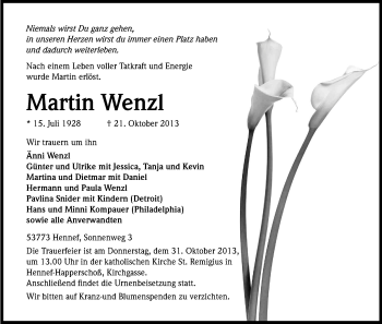 Anzeige von Martin Wenzl von Kölner Stadt-Anzeiger / Kölnische Rundschau / Express