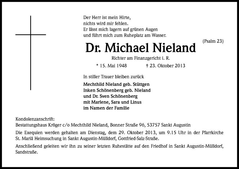  Traueranzeige für Michael Nieland vom 26.10.2013 aus Kölner Stadt-Anzeiger / Kölnische Rundschau / Express