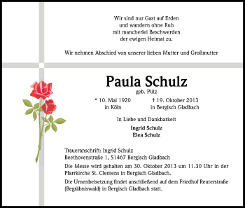 Anzeige von Paula Schulz von Kölner Stadt-Anzeiger / Kölnische Rundschau / Express