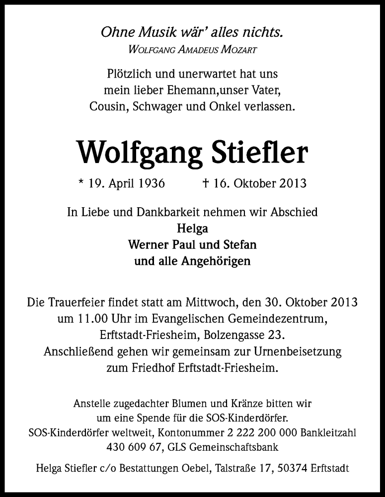  Traueranzeige für Wolfgang Stiefler vom 26.10.2013 aus Kölner Stadt-Anzeiger / Kölnische Rundschau / Express