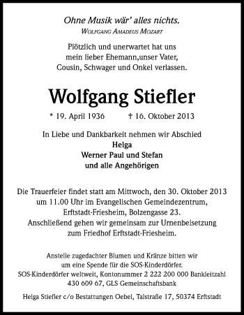Anzeige von Wolfgang Stiefler von Kölner Stadt-Anzeiger / Kölnische Rundschau / Express