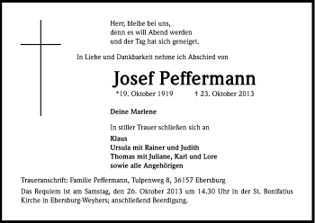 Anzeige von Josef Peffermann von Kölner Stadt-Anzeiger / Kölnische Rundschau / Express