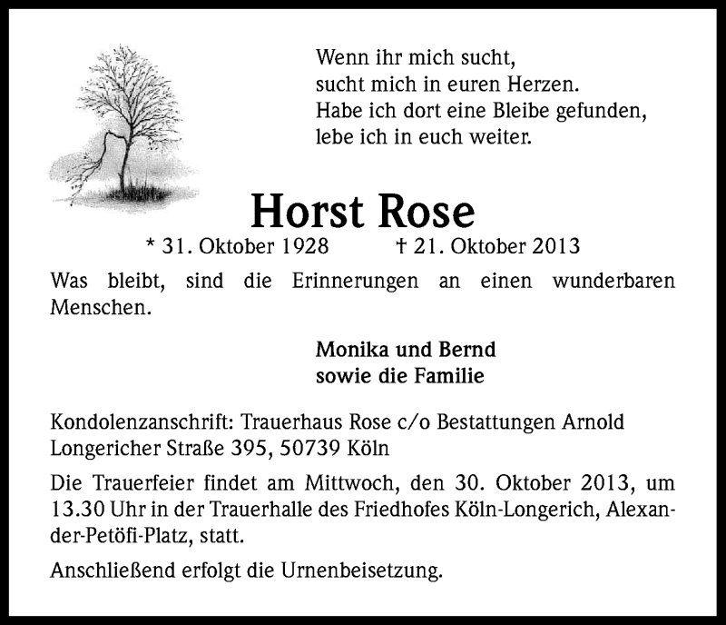 Traueranzeige für Horst Rose vom 26.10.2013 aus Kölner Stadt-Anzeiger / Kölnische Rundschau / Express