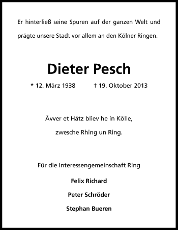 Anzeige von Dieter Pesch von Kölner Stadt-Anzeiger / Kölnische Rundschau / Express
