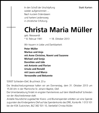 Anzeige von Christa Maria Müller von Kölner Stadt-Anzeiger / Kölnische Rundschau / Express