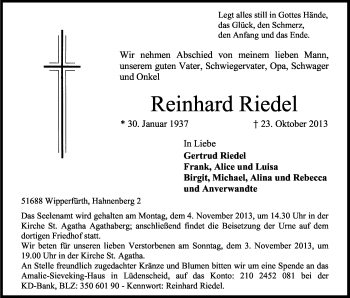 Anzeige von Reinhard Riedel von Kölner Stadt-Anzeiger / Kölnische Rundschau / Express