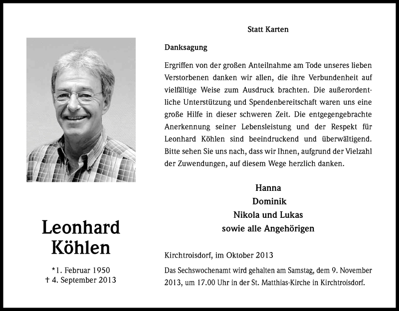  Traueranzeige für Leonhard Köhlen vom 26.10.2013 aus Kölner Stadt-Anzeiger / Kölnische Rundschau / Express
