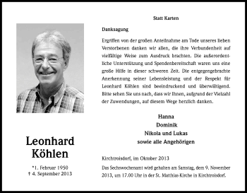 Anzeige von Leonhard Köhlen von Kölner Stadt-Anzeiger / Kölnische Rundschau / Express