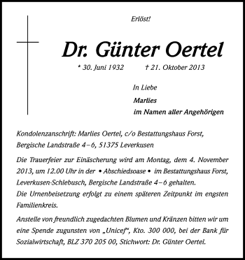 Anzeige von Günther Oertel von Kölner Stadt-Anzeiger / Kölnische Rundschau / Express