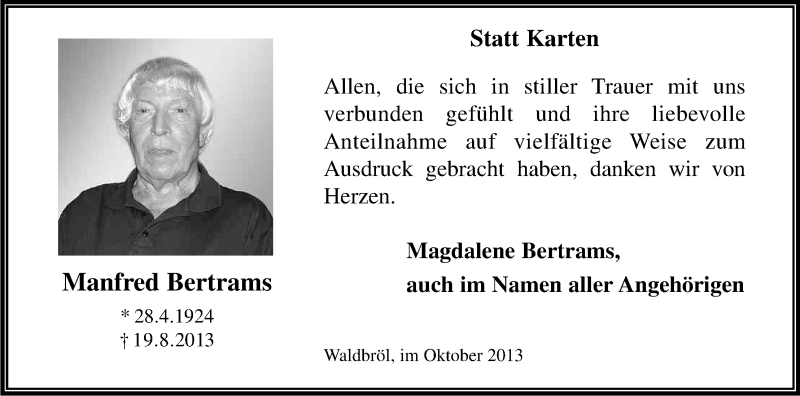  Traueranzeige für Manfred Bertrams vom 26.10.2013 aus Kölner Stadt-Anzeiger / Kölnische Rundschau / Express
