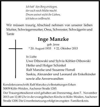 Anzeige von Inge Manzke von Kölner Stadt-Anzeiger / Kölnische Rundschau / Express