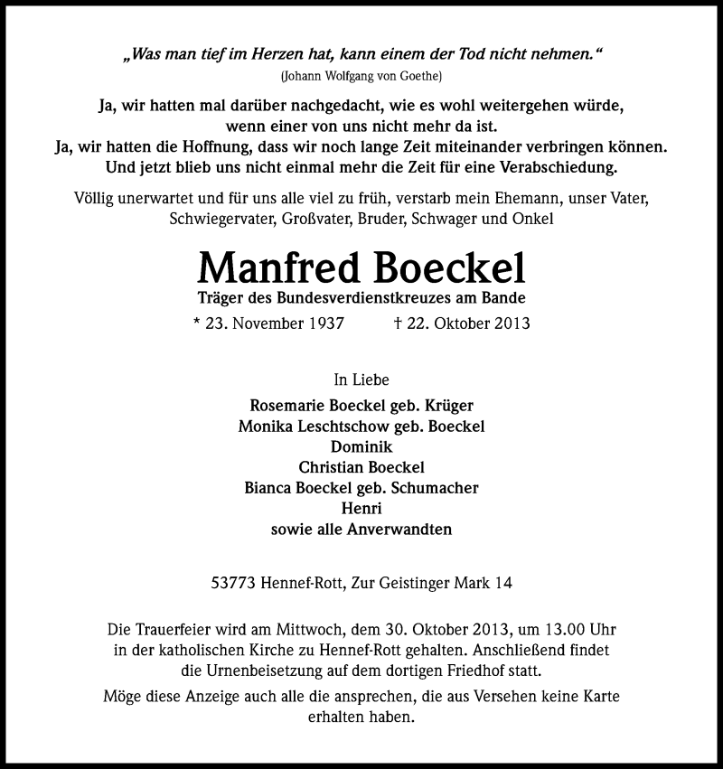  Traueranzeige für Manfred Boekel vom 26.10.2013 aus Kölner Stadt-Anzeiger / Kölnische Rundschau / Express
