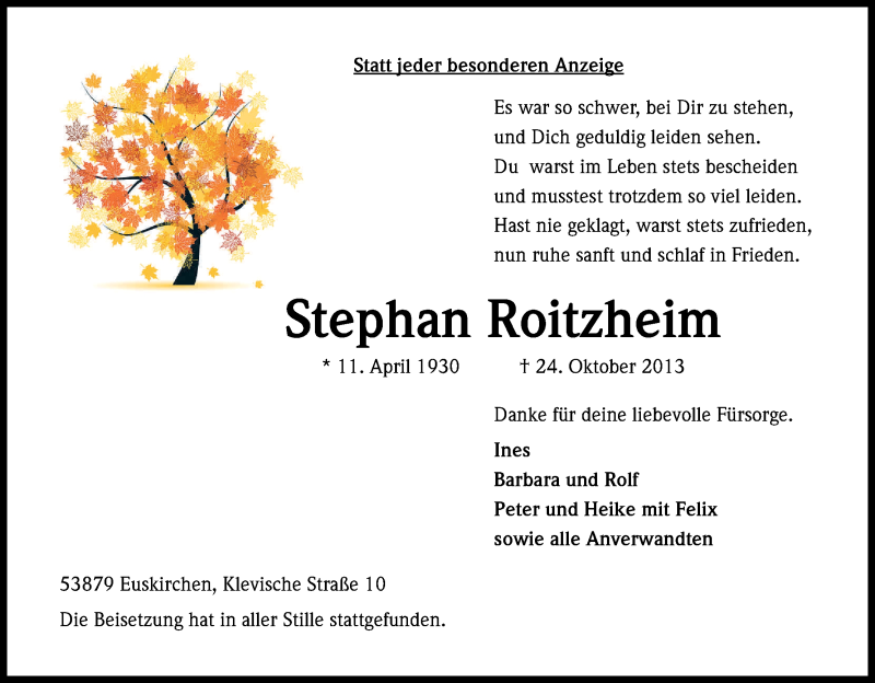  Traueranzeige für Stephan Roitzheim vom 09.11.2013 aus Kölner Stadt-Anzeiger / Kölnische Rundschau / Express