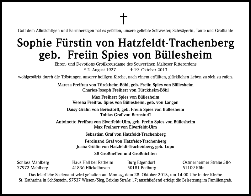  Traueranzeige für Sophie Fürstin von Hatzfeld-Trachenberg vom 26.10.2013 aus Kölner Stadt-Anzeiger / Kölnische Rundschau / Express