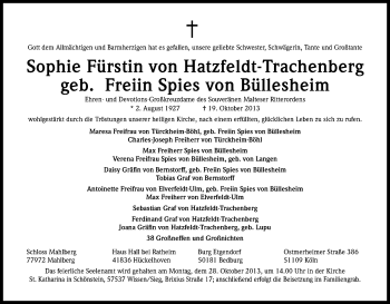 Anzeige von Sophie Fürstin von Hatzfeld-Trachenberg von Kölner Stadt-Anzeiger / Kölnische Rundschau / Express