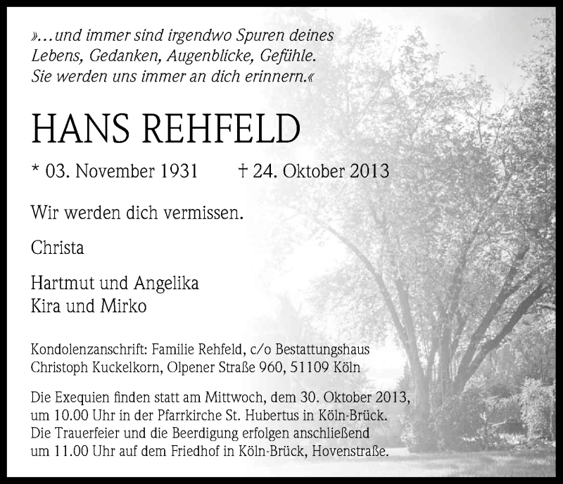  Traueranzeige für Hans Rehfeld vom 26.10.2013 aus Kölner Stadt-Anzeiger / Kölnische Rundschau / Express