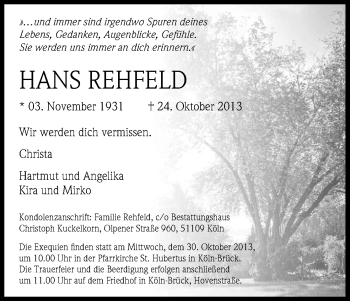 Anzeige von Hans Rehfeld von Kölner Stadt-Anzeiger / Kölnische Rundschau / Express