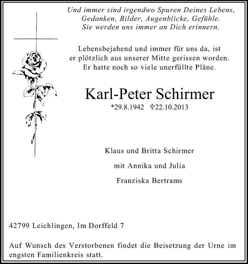  Traueranzeige für Karl-Peter Schirmer vom 26.10.2013 aus Kölner Stadt-Anzeiger / Kölnische Rundschau / Express