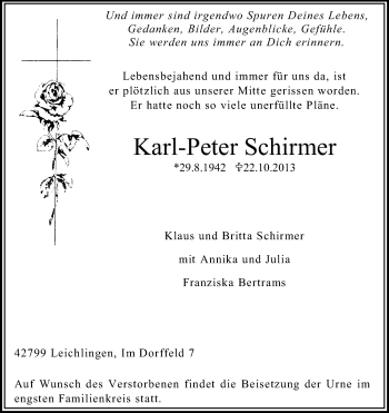 Anzeige von Karl-Peter Schirmer von Kölner Stadt-Anzeiger / Kölnische Rundschau / Express