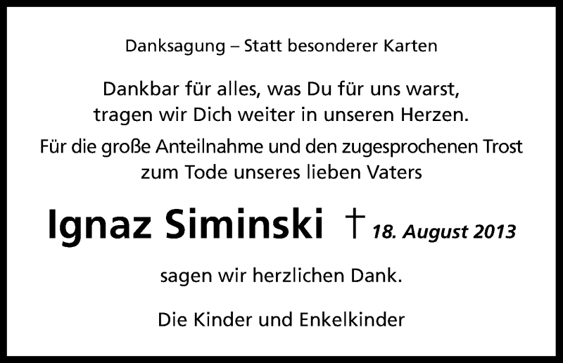  Traueranzeige für Ignaz Siminski vom 26.10.2013 aus Kölner Stadt-Anzeiger / Kölnische Rundschau / Express