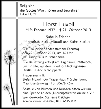 Anzeige von Horst Huxoll von Kölner Stadt-Anzeiger / Kölnische Rundschau / Express
