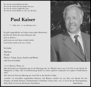 Anzeige von Paul Kaiser von Kölner Stadt-Anzeiger / Kölnische Rundschau / Express