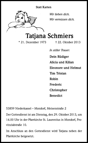 Anzeige von Tatjana Schmiers von Kölner Stadt-Anzeiger / Kölnische Rundschau / Express