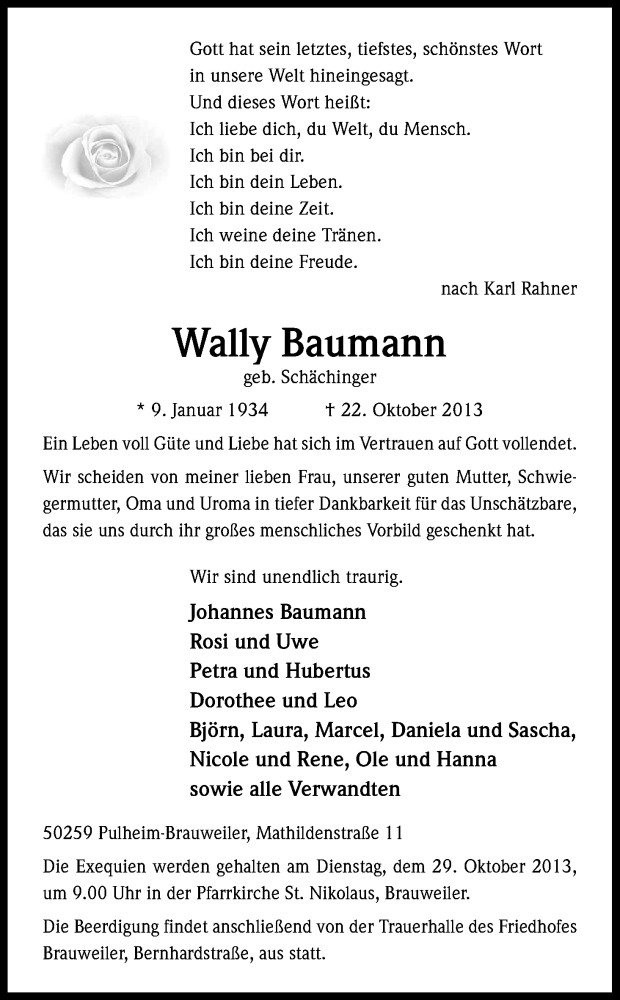  Traueranzeige für Wally Baumann vom 26.10.2013 aus Kölner Stadt-Anzeiger / Kölnische Rundschau / Express