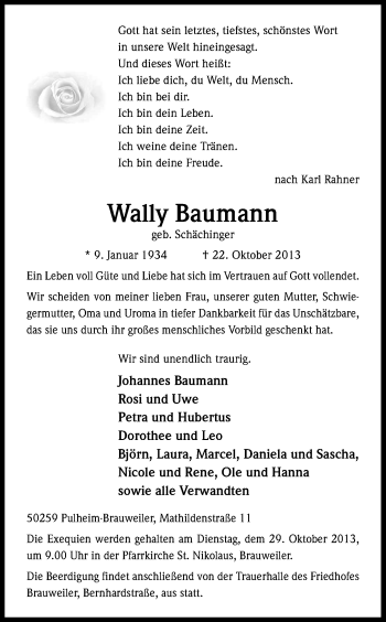 Anzeige von Wally Baumann von Kölner Stadt-Anzeiger / Kölnische Rundschau / Express