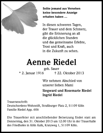 Anzeige von Aenne Riedel von Kölner Stadt-Anzeiger / Kölnische Rundschau / Express