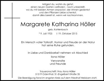 Anzeige von Margarete Katharina Höller von Kölner Stadt-Anzeiger / Kölnische Rundschau / Express